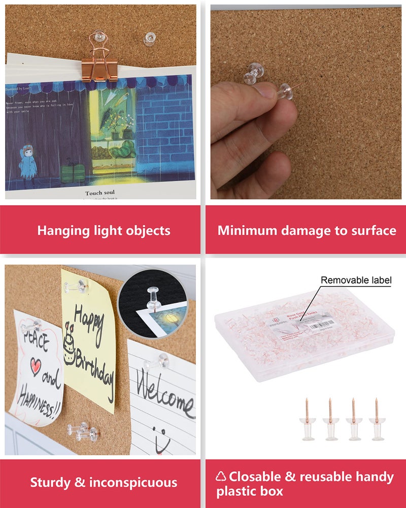 PAPERPAL 280 Rose Gold Push Pins for Cork Board, Clear Thumb Tacks for Wall Hangings, Pushpins for Office School & Personal Use, Standard Size Push Pin Tacks - Image 4
